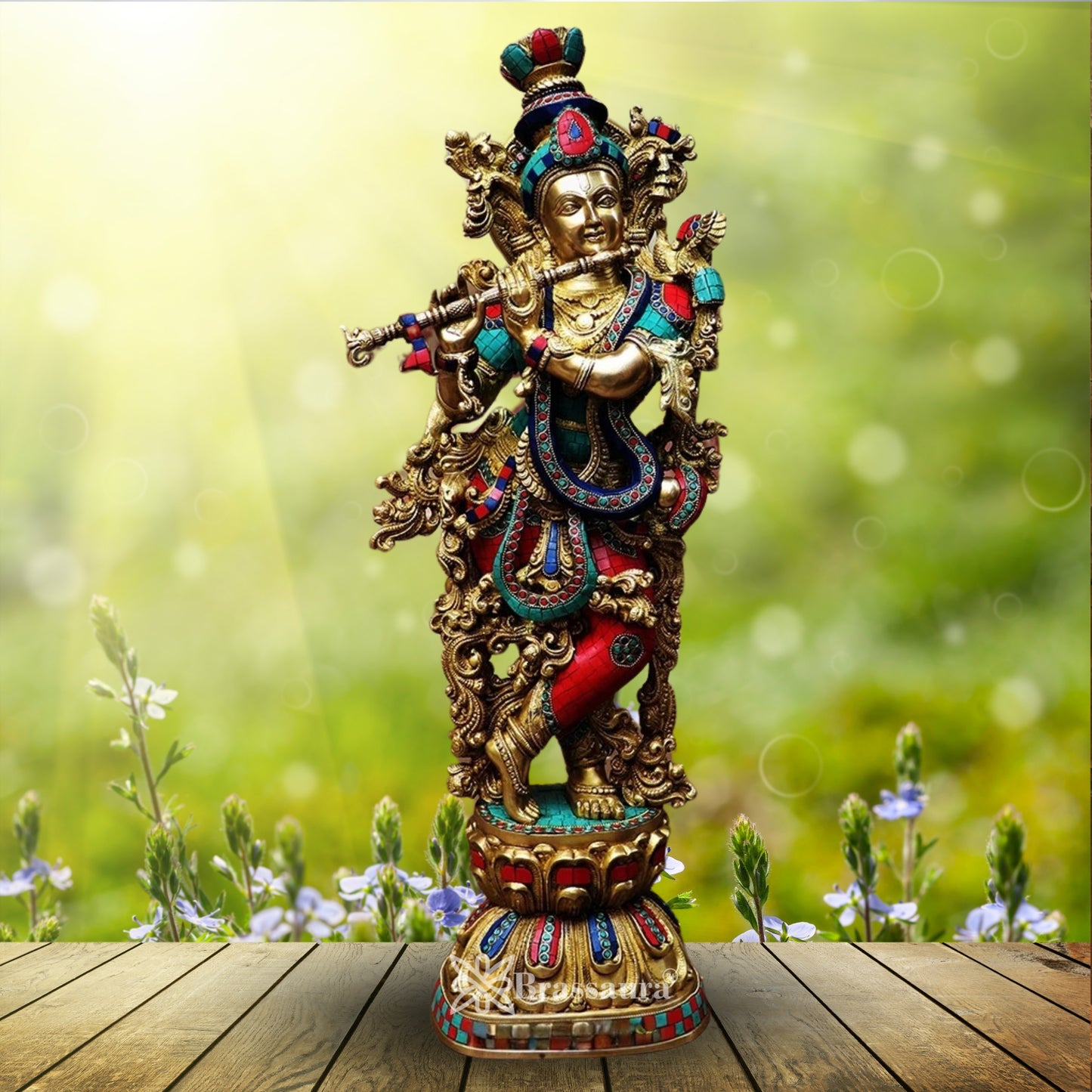 Brass Gem Stone Work Krishna Murti Weight 16 Kg And Height 29 Inch