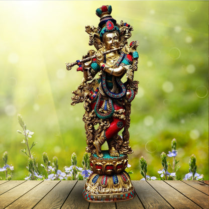 Brass Gem Stone Work Krishna Murti Weight 16 Kg And Height 29 Inch