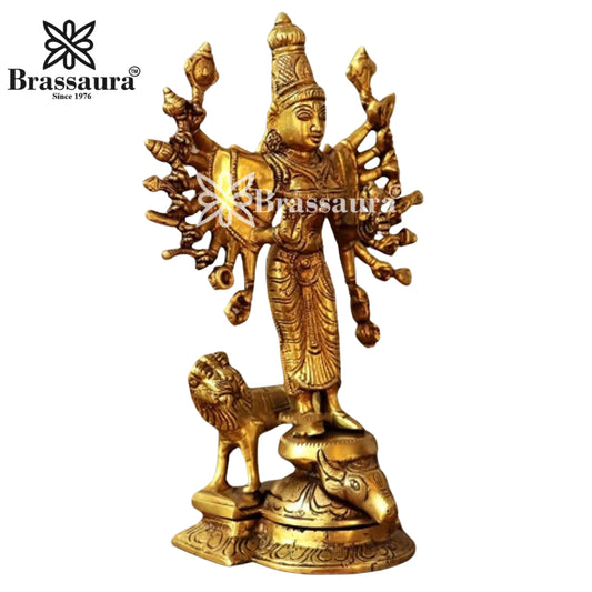 Brassaura® Pure Brass Durga Statue –9 Inches | Antique Golden Finish