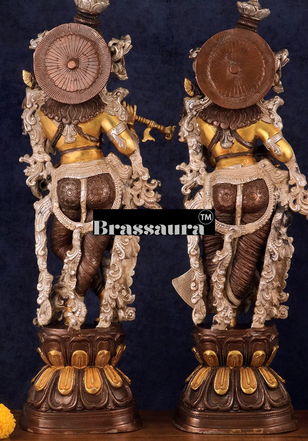 Brassaura™ Antique Brass Radha Krishna Statue – Height 30 Inches & Weight 33 Kgs | Handcrafted Three-Tone Finish
