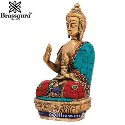 Brass Blessing Gem Stone Work Buddha Weight 0.9 kg & Height 5 Inch