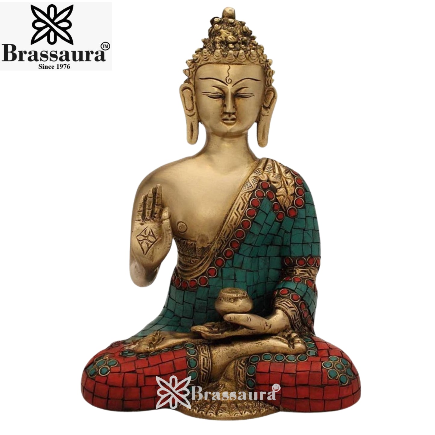 Brass Blessing Gem Stone Work Buddha Weight 2.7 kg & Height 10 Inch