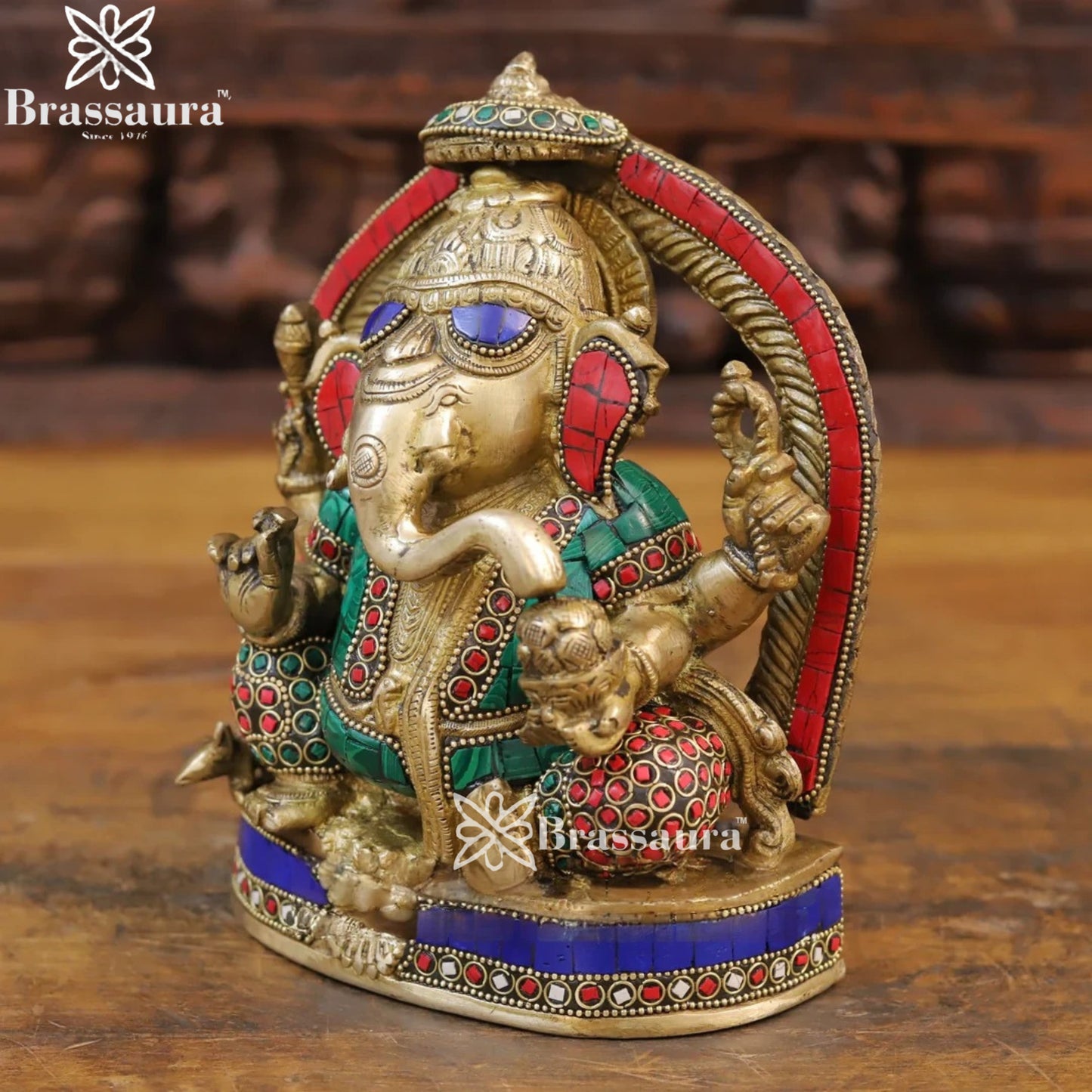 Brass Gem Stone Work Ring Ganesha Weight 3.8 Kg & Height 8.5 Inch