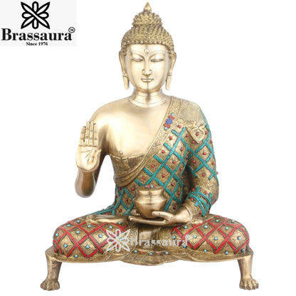 Brass Blessing Gem Stone Work Buddha With Base Weight 22 Kg & Height 26 Inch