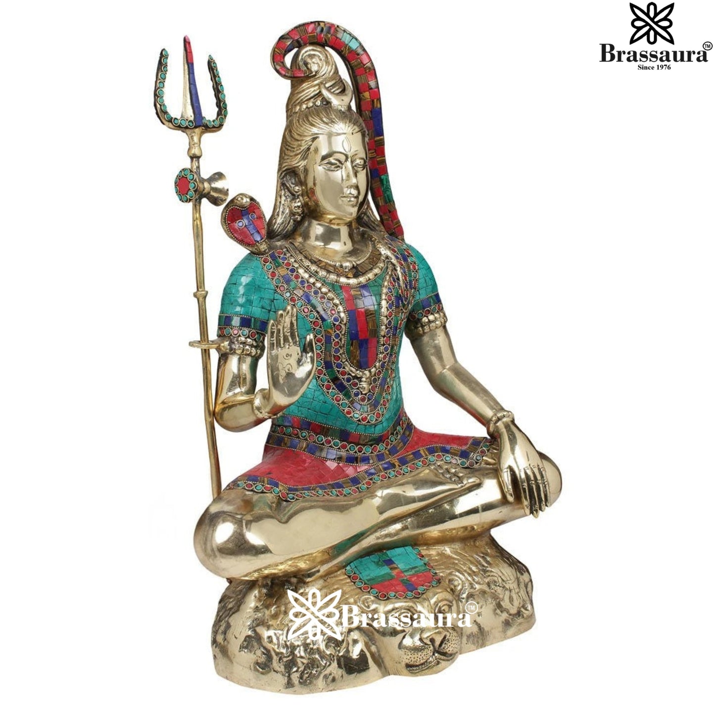Brassaura™ Brass Gem Stone Work Lord Shiva Murti – Height 24 Inches & Weight 18.5 Kgs | Devotional Home Décor