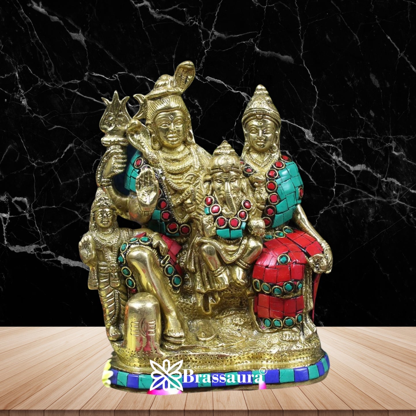 Brass Gem Stone Work Shiv Family  Weight 2.3 Kg & Height 7 Inch