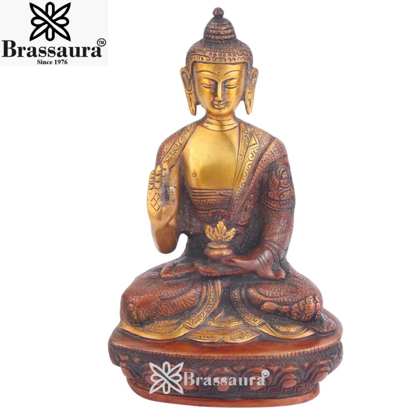 Brass Blessing Buddha Multicolored With Base Weight 1.8 Kg & Height 8 Inch