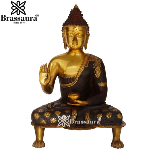 Brassaura® Buddha Sitting in Blessing Mudra Idol with Antique Black & Gold Finish | Pure Superfine Brass Handcrafted Murti | Brass Statue for Home Temple, Pooja Room | Height 21 Inches | Weight 11 Kgs