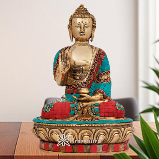 Brass Blessing Gem Stone Work Buddha Weight 4.8 kg & Height 12 Inch