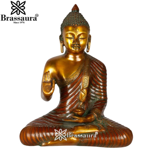 Brassaura® Buddha Sitting in Blessing Mudra Idol with Antique Brown & Gold Finish | Pure Superfine Brass Handcrafted Murti | Brass Statue for Home Temple, Pooja Room | Height 13 Inches | Weight 6.5 Kgs