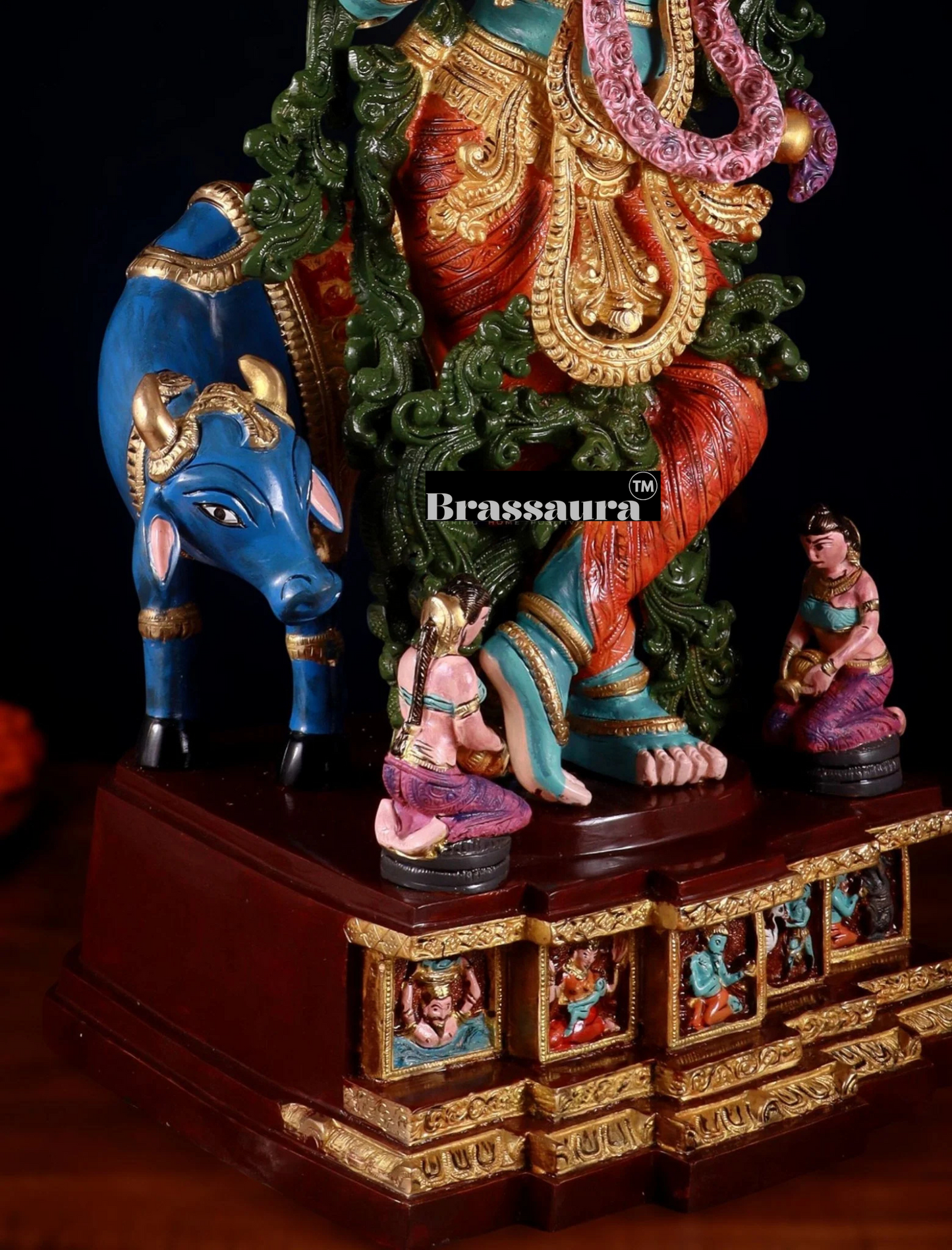 Brassaura™ Pure Brass Hand-Painted Lord Krishna with Cow Statue – Height 29 Inches & Weight 35 Kgs