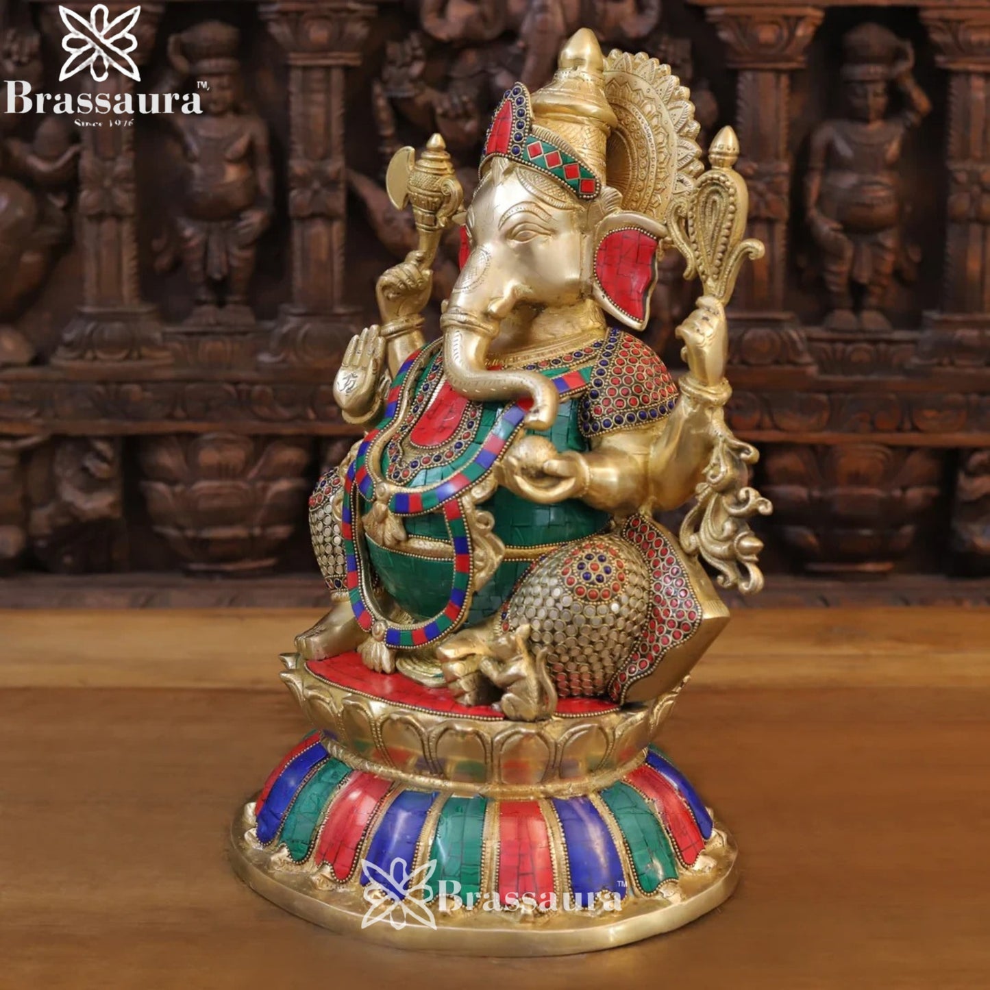 Brass Gem Stone Work Ganesha Weight 13.8 Kg & Height 17 Inch