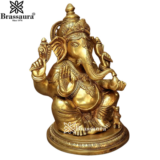 ब्रसौड़ा® गणेश पीतल की प्रतिमा पेडस्टल पर | शुद्ध पीतल | ऊंचाई 14 इंच
