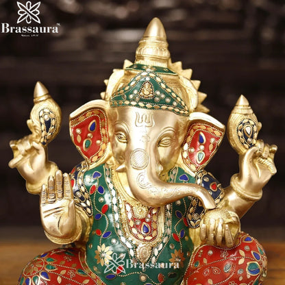 Brass Gem Stone Work Ganesha Weight 11.6 Kg & Height 13.5 Inch