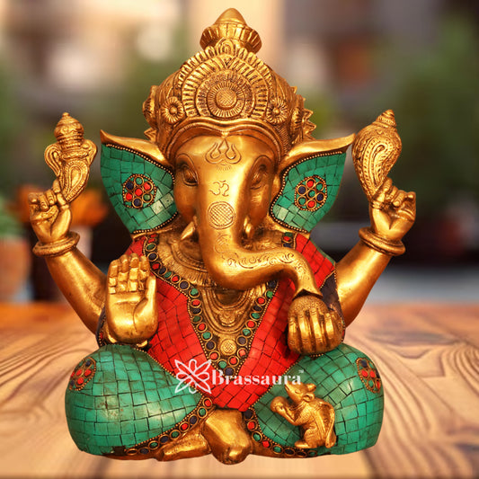 Brass Gem Stone Work Ganesha Statue Weight 9.1 Kg & Height 12.5 Inch