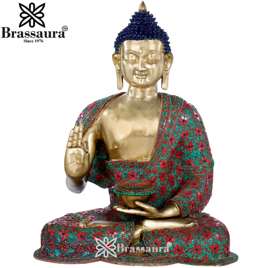 Brassaura® Buddha Sitting in Blessing Mudra Idol with Gem Stone Work Finish | Pure Superfine Brass Handcrafted Murti | Brass Statue for Home Temple, Pooja Room | Height 28 Inches | Weight 37 Kgs