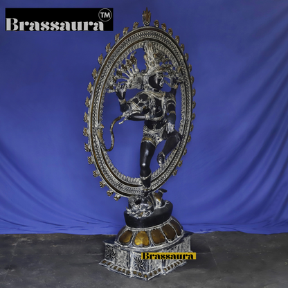 Brassaura™ Brass Nataraja Idol with Ornamental Frame – 54 inch | 76.17 kg | Antique Finish | Dancing Shiva Statue for Temple, Home & Cultural Decor