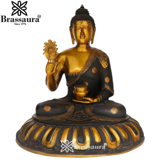 Brassaura® Buddha Sitting in Blessing Mudra Idol with Lotus with Antique Black & Gold Finish and Base | Pure Superfine Brass Handcrafted Murti | Brass Statue for Home Temple, Pooja Room | Height 28 Inches | Weight 28 Kgs
