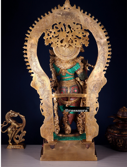 BrassAura™ Pure Superfine Brass Krishna Statue with Large Prabhavali Frame – Intricate Stonework | Height 33 Inch | Weight 35 Kg