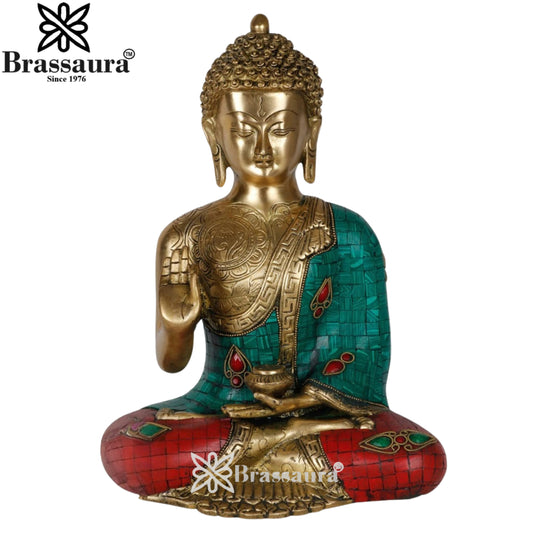 Brassaura® Buddha Sitting in Blessing Mudra Idol with Gem Stone Work Finish | Pure Superfine Brass Handcrafted Murti | Brass Statue for Home Temple, Pooja Room | Height 12 Inches | Weight 6.5 Kgs
