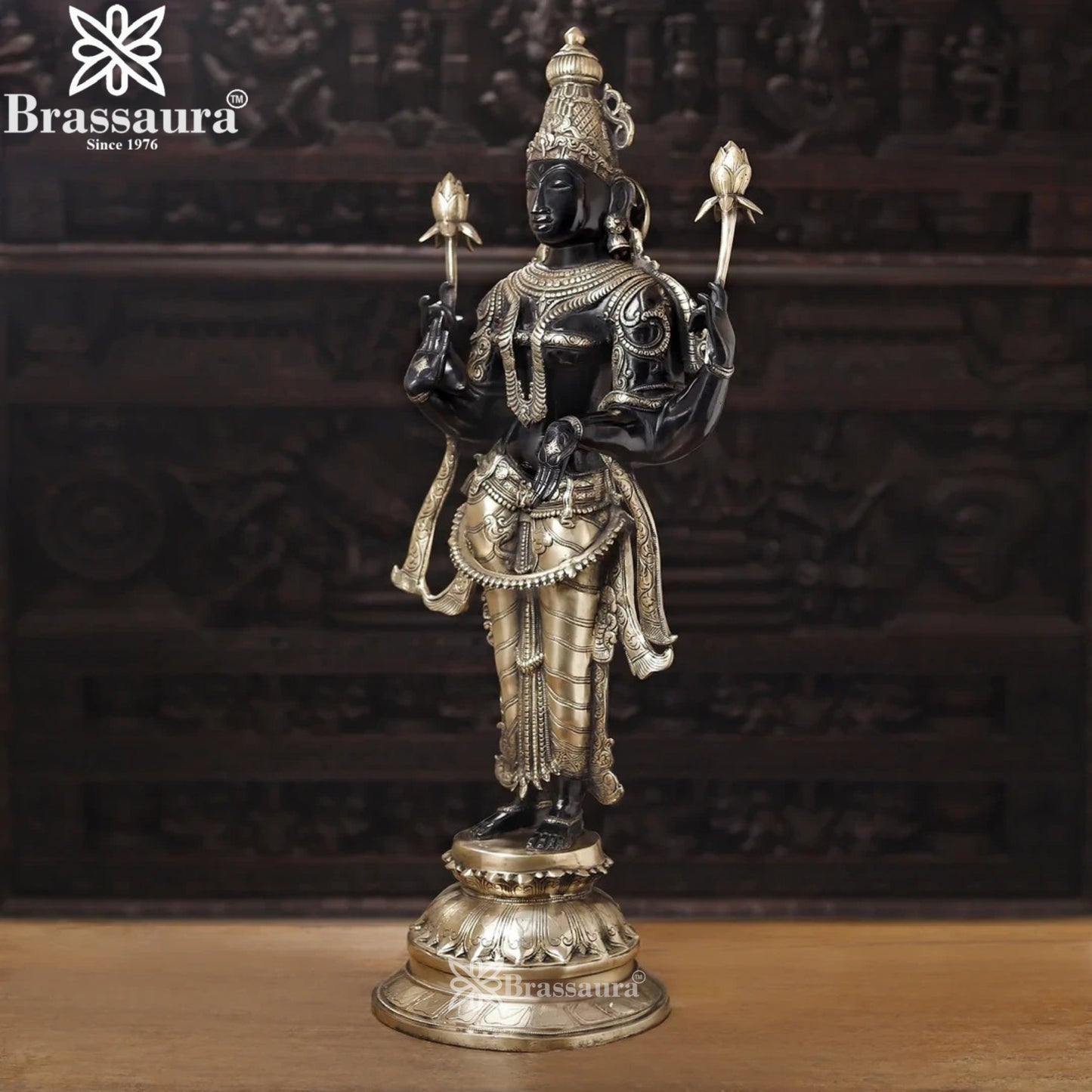 Brassaura™ Elegant Brass Laxmi Murti – Height 39 Inches & Weight 31.48 Kgs | Temple & Home Décor