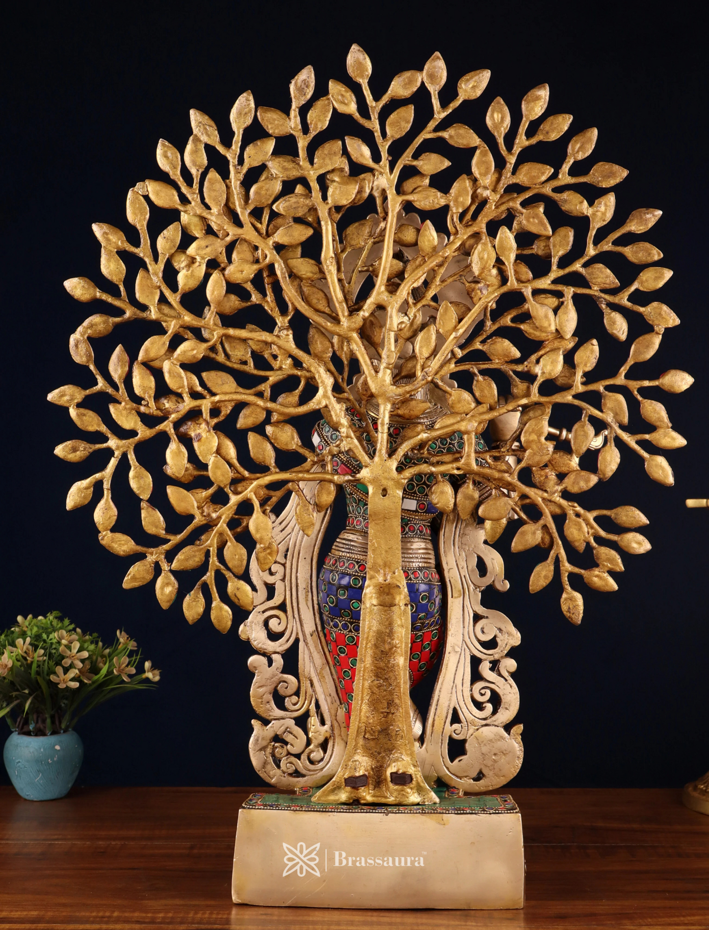 Brassaura™ Brass Krishna under Kalpavriksha with Stonework – Height 23 Inches & Weight 14.5 Kgs