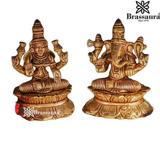Brassaura® Lakshmi Ganesha Brass Idol Pair | Compact Traditional Pooja Murti Set | Height 3 Inches