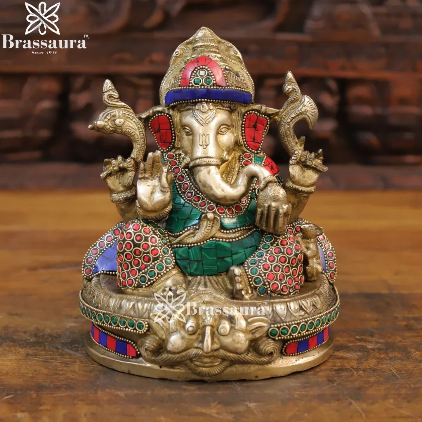Brass Gem Stone Work Ganesha Weight 3.6 Kg & Height 8.5 Inch