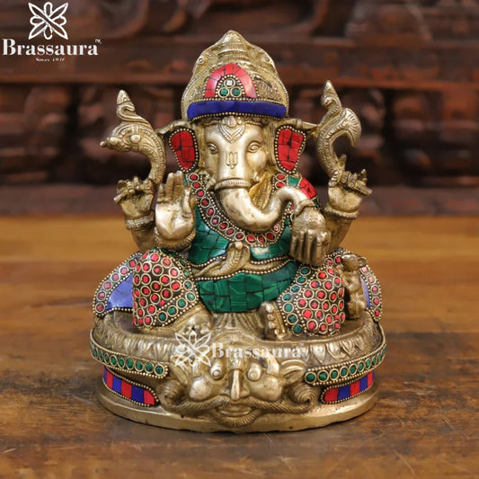 Brass Gem Stone Work Ganesha Weight 3.6 Kg & Height 8.5 Inch