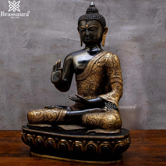 Brassaura® Buddha Sitting in Blessing Mudra Idol with Antique Black & Gold Finish and Base | Pure Superfine Brass Handcrafted Murti | Brass Statue for Home Temple, Pooja Room | Height 22.5 Inches | Weight 23 Kgs