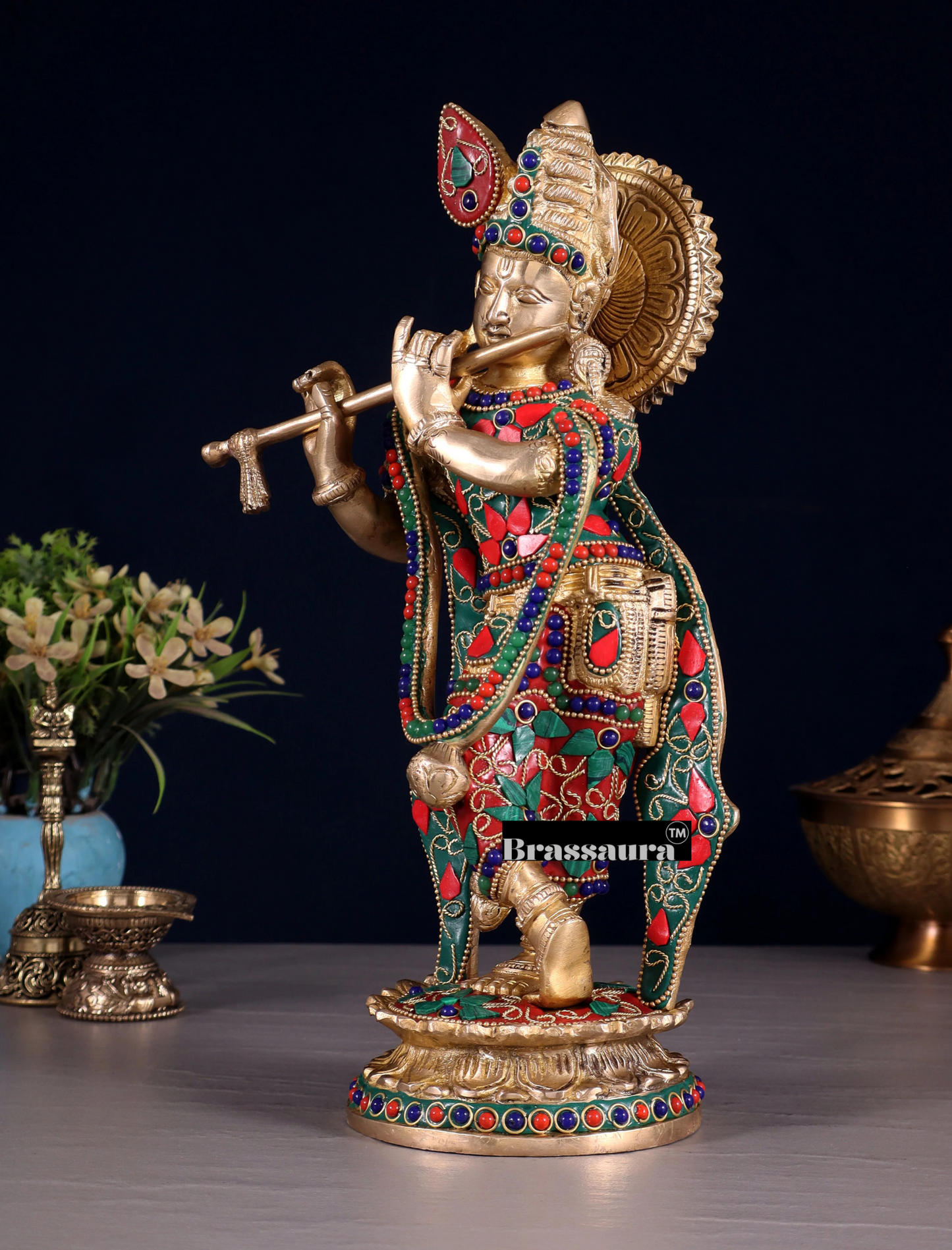 Brassaura™ Pure Brass Lord Krishna Idol with Floral Stonework – Height 11 Inches & Weight 2.75 Kgs
