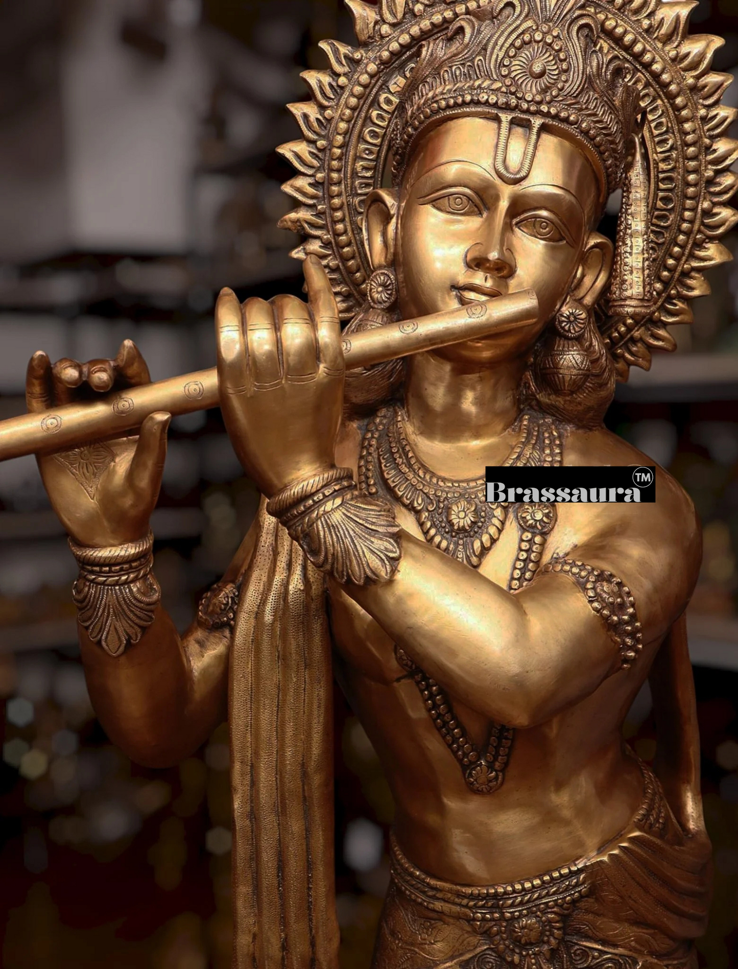 Brassaura™ Life-Size Lord Krishna Brass Statue – Height 79" | Weight 148 Kgs