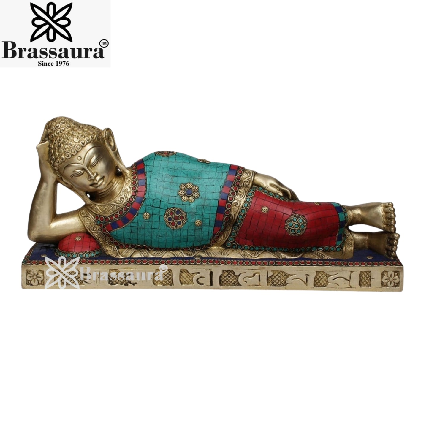 Brass Gem Stone Work Sleeping Buddha Weight 10 kg & Height 9 Inch