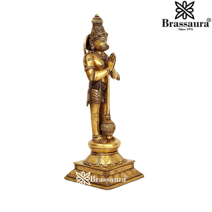 Brassaura® Hanuman Standing Namaskar Pose Idol with Golden Brass Finish | Pure Superfine Brass Handcrafted Murti | Brass Statue for Home Temple, Pooja Room | Height 16 Inches | Weight 4.38 Kgs