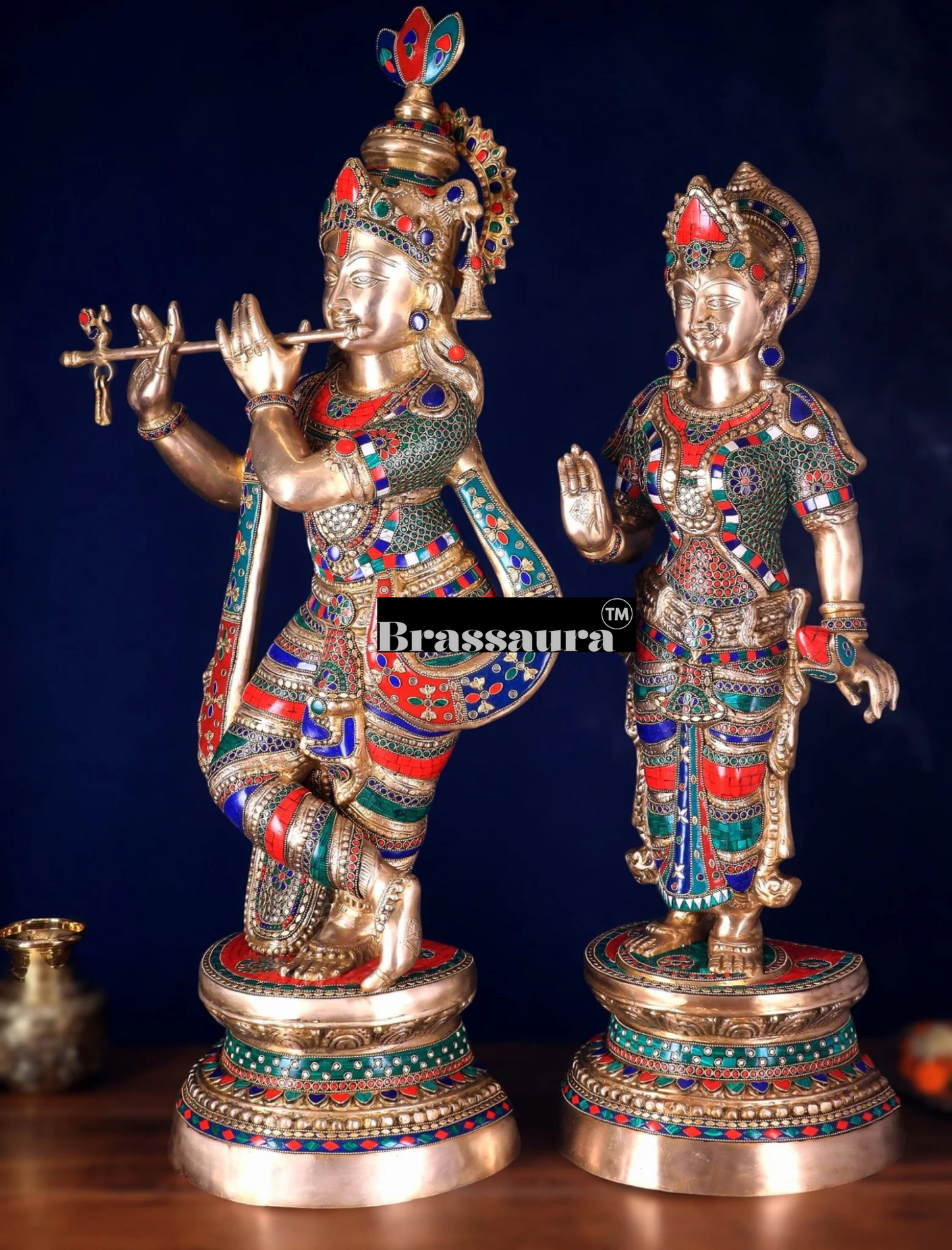Brassaura™ Handcrafted Brass Radha Krishna Statues with Meenakari – Height 36 Inches & Weight 40 Kgs | Elegant Devotional Masterpiece