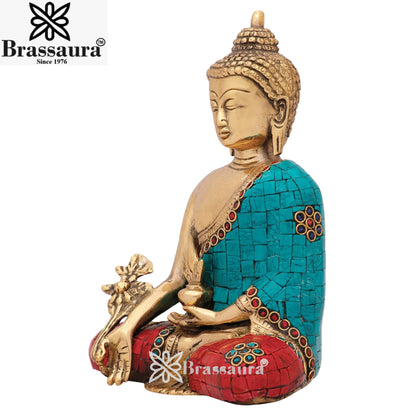 Brass Bhumisprasa Gem Stone Work Buddha Weight 1.9 kg & Height 7.5 Inch