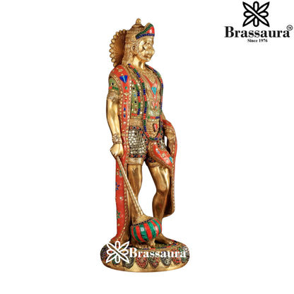 Brassaura™ Gemstone Crafted Brass Hanuman Murti – Height 24 Inches & Weight 13.5 Kgs | Temple Collection