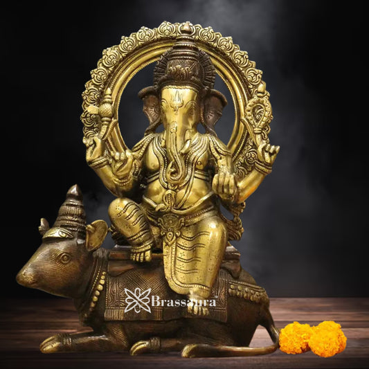 Brass Ganesha On Rat Statue Weight 14 Kg And Height 16 Inch
