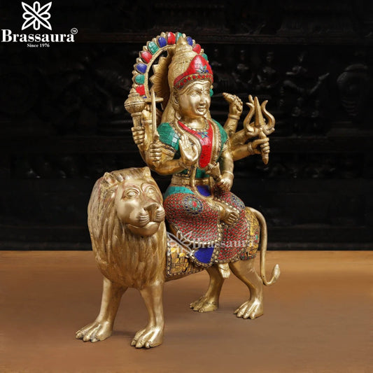 Brass Gem Stone Work Durga Idol for Home Temple and Decor Height 21.5 Inches & Weight 15.2 Kgs