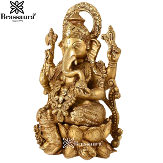 ब्रसौरा® सिद्धि विनायक गणेश पीतल की मूर्ति | अलंकृत विवरण के साथ भव्य बैठी हुई आकृति | ऊँचाई 12.5 इंच