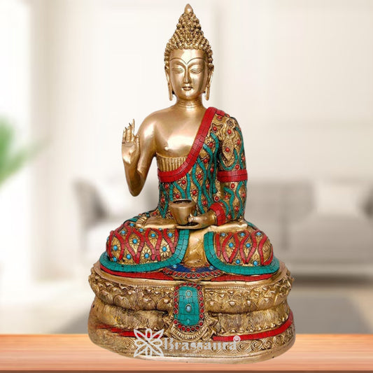 Brass Blessing Gem Stone Work Buddha With Base Weight 20 kg & Height 20 Inch