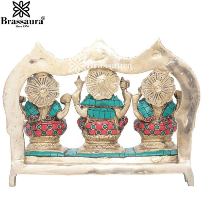 Brassaura™ Artistic Brass Gemstone Laxmi Ganesha Saraswati Statue – Height 7 Inches & Weight 3.8 Kgs | Puja Room Idol