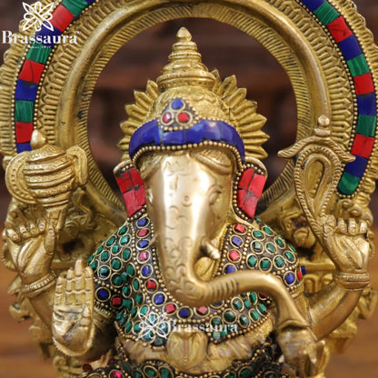 Brass Gem Stone Work Ring Ganesha Weight 4.32 Kg & Height 12 Inch