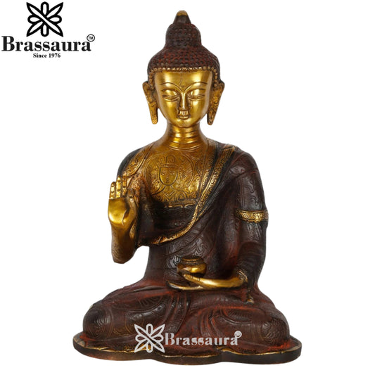 Brassaura® Buddha Sitting in Blessing Mudra Idol with Antique Brown & Gold Finish | Pure Superfine Brass Handcrafted Murti | Brass Statue for Home Temple, Pooja Room | Height 9 Inches | Weight 3.8 Kgs