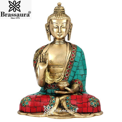 Brass Blessing Gem Stone Work Buddha Weight 1.4 kg & Height 6.5 Inch