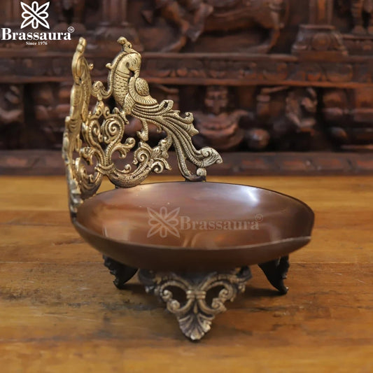 Brassaura™ Brass Peacock Urli Statue – Height 9.5 Inches & Weight 3.14 Kgs | Cultural Home Décor