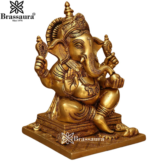 ब्रसौर® भगवान गणेश बैठे हुए मूर्ति | पीतल की प्रतिमा | ऊंचाई 10 इंच
