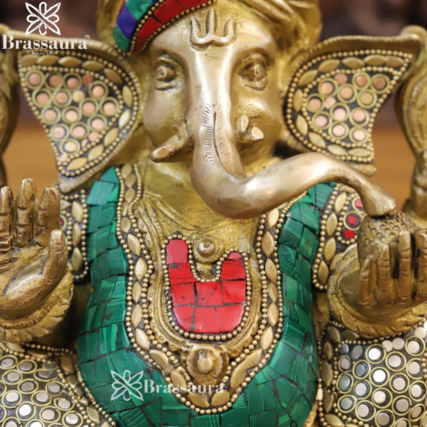 Brass Gem Stone Work Turban Ganesha Weight 5.4 Kg & Height 9 Inch