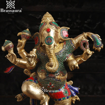 Brass Gem Stone Work Dancing Ganesha Weight 22.9 Kg & Height 24 Inch