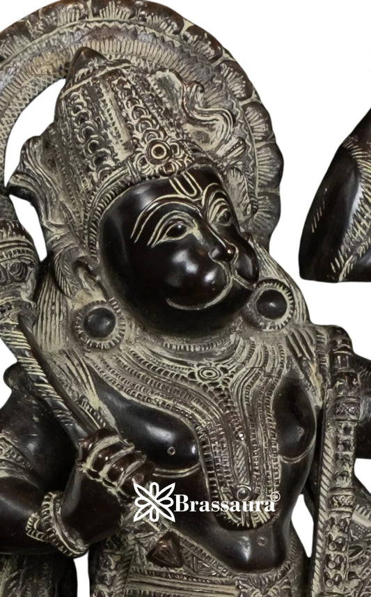 Brassaura® Hanuman Standing Holding Mountain Idol with Antique Brown And White Finish | Pure Superfine Brass Handcrafted Murti | Brass Statue for Home Temple, Pooja Room | Height 16 Inches | Weight 10.5 Kgs